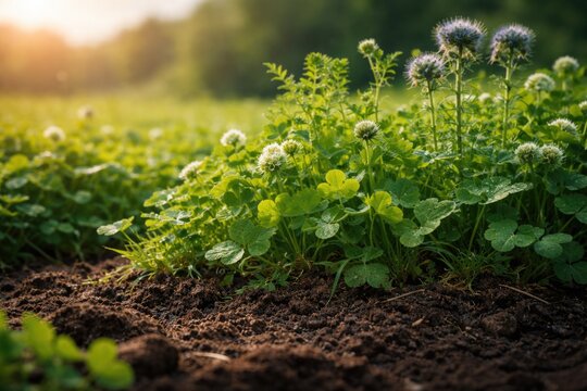 Healthy green manure plants enhancing soil quality with copy space for organic farming concepts