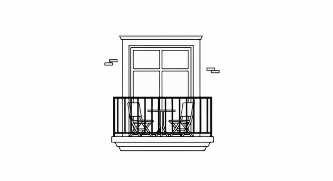 Balcony with two chairs and a table, overlooking a window