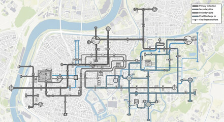 Detailed city infrastructure map showing underground pipe network. © Puni