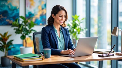 Naklejka premium Woman typing on laptop at modern office desk. Smiling professional in business attire surrounded by plants and books. Productive workspace with city view and abstract art
