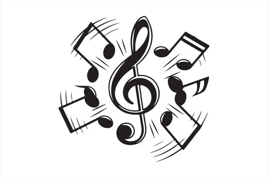 Musical notes and treble clef, black and white graphic, musical symbols