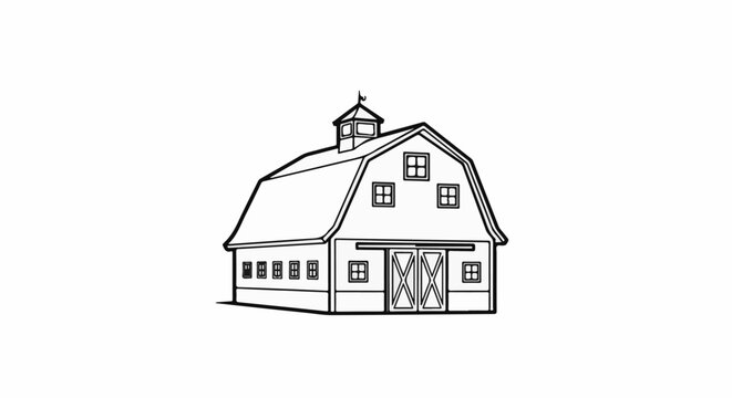 A classic gambrel roof barn with double doors and multiple windows