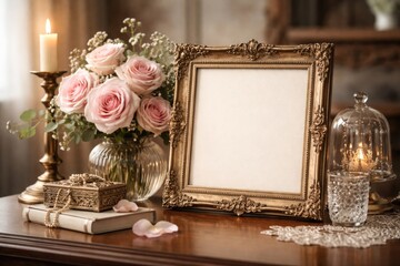 Obraz premium Decorative tabletop arrangement showcasing a rose and vacant frame