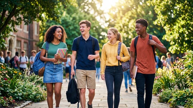 Diverse group of students walking on university campus path. Young adults chatting happily with backpacks and notebooks. College friendship diversity and education concept