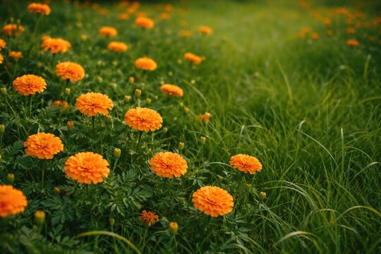 Numerous maruns blossoms growing in dense grass with copy space