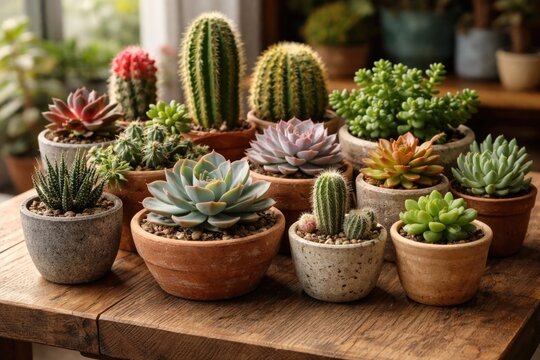 Group of different succulent species and cacti in miniature flowerpots on wooden table