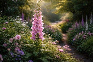 Obraz premium Beautiful garden scene featuring a tall pink foxglove bloom and dense greenery