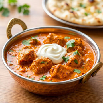 Butter Chicken Indian Murgh Makhani Curry in Copper Bowl with Naan