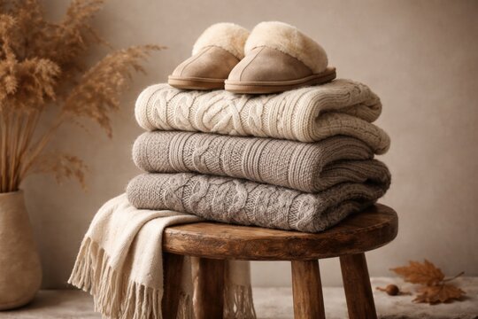 Cozy wool pullovers and slippers arranged on wooden stool neutral beige fall fashion background