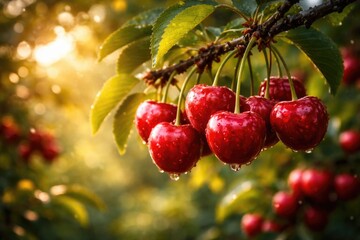 Obraz premium Glossy red fruits ripening on tree limb with artistic sunlight and dreamy blurred background