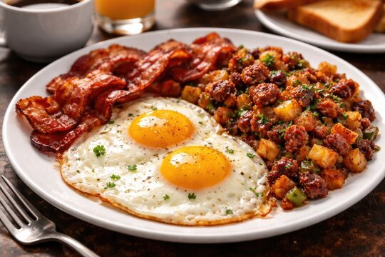 Classic breakfast combo of fried eggs, crispy bacon rashers, and richly flavored corned beef hash