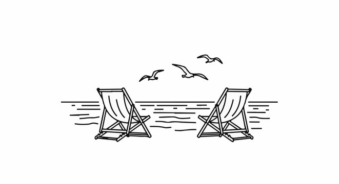 Two empty deck chairs face the ocean with seagulls flying above