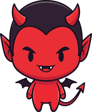 A cartoon devil character with horns and wings is smiling happily.