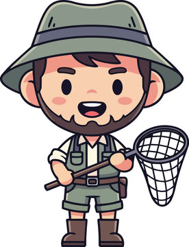 Illustration of a smiling man in safari outfit holding a bug catcher