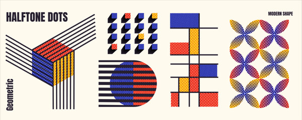 Abstract geometric halftone dot pattern collection with colorful retro floral motifs, squares, circles, rectangles, and interwoven linear elements © Thuong