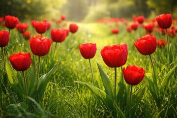 Fototapeta premium Cheerful red tulips growing abundantly in a fresh green grassy area