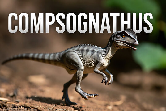 A Compsognathus dinosaur figurine is depicted running on a dirt ground.