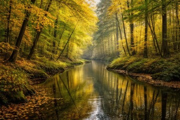 Obraz premium Calm waterway meandering in a forest with green and yellow leaves