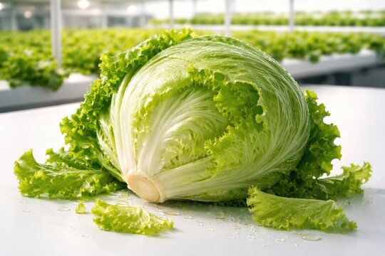 Crisp hydroponic iceberg lettuce harvested from a modern farm shown on white background