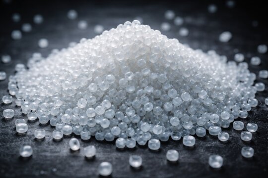Cluster of high density polyethylene granules on a dark background symbolizing plastic raw material