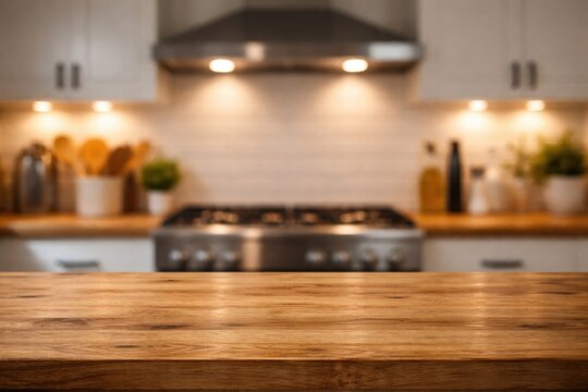 Blurred background kitchen scene with wooden surface foreground and gas stove plus range hood copy space