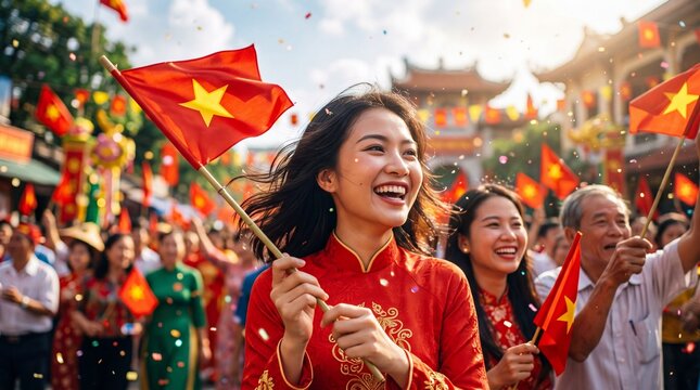 Joyful Vietnamese woman in red ao dai waving national flag on bamboo pole during vibrant street celebration. National pride and cultural festival concept for Vietnam independence day