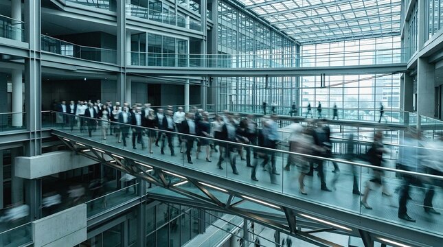 Crowd of business people with motion blur in modern office building
