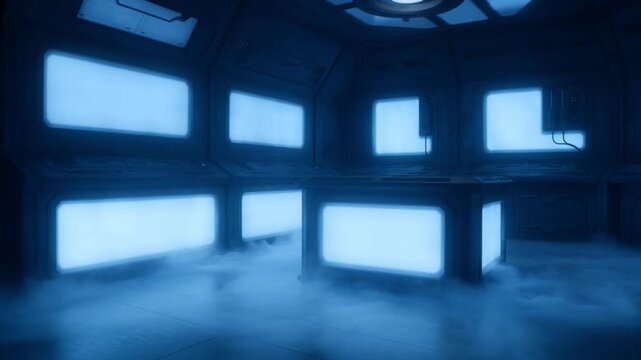 Abandoned room with dry ice producing smoke through multiple windows.