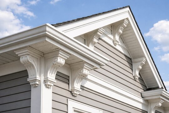 Detailed white fascia and soffit with corbels and brackets on a gable roof finished with vinyl siding and sky background