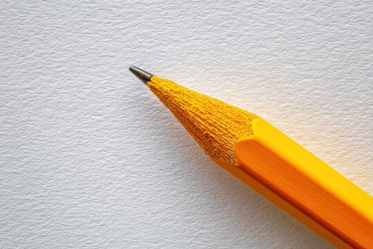 Close up of yellow pencil on smooth white paper surface