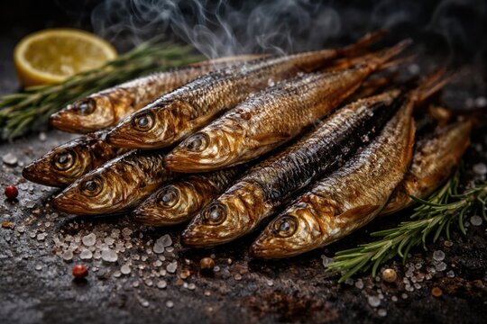 Close up of salted smoked sprats on a dark grainy backdrop