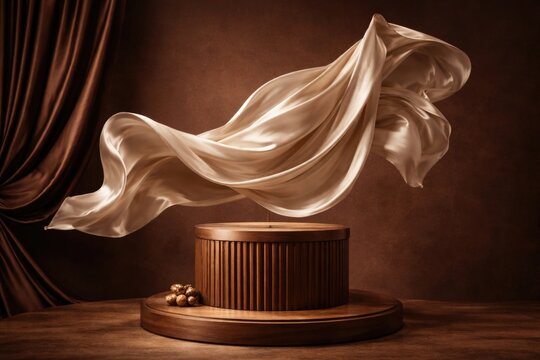 High end product presentation with airborne fabric on wood stand against chocolate brown backdrop