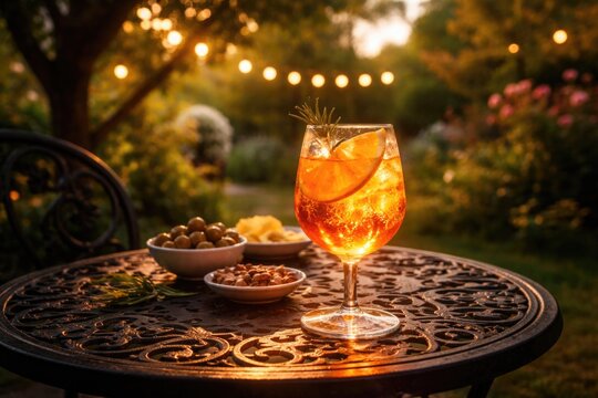 Garden ambiance with a glowing aperitif glass placed on iron table