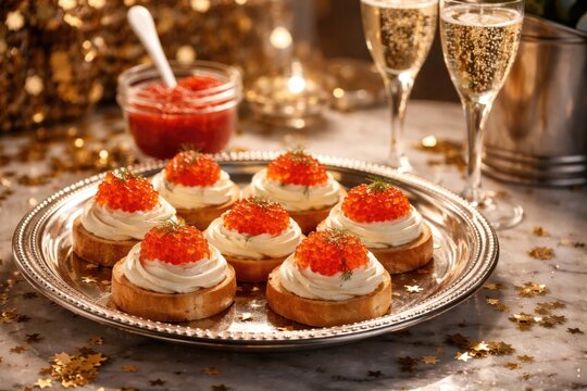 Elegant cream cheese and red caviar hors d oeuvres accompanied by champagne for special holidays