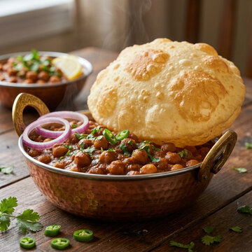 Indian Chole Bhature Chickpea Curry Served with Puffy Fried Bread in Copper Bowl