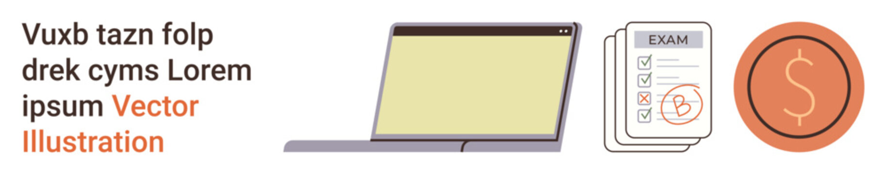 Online learning, education platforms, financial planning, test preparation, digital resources, productivity tools. Illustration of a laptop, exam sheet and coin. Online learning and education