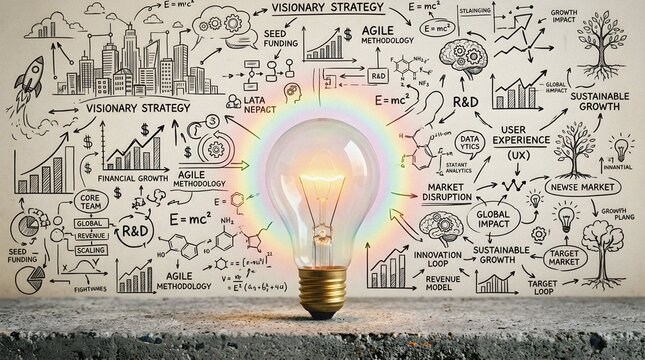 Light bulb idea with a business strategy mind map for growth and success