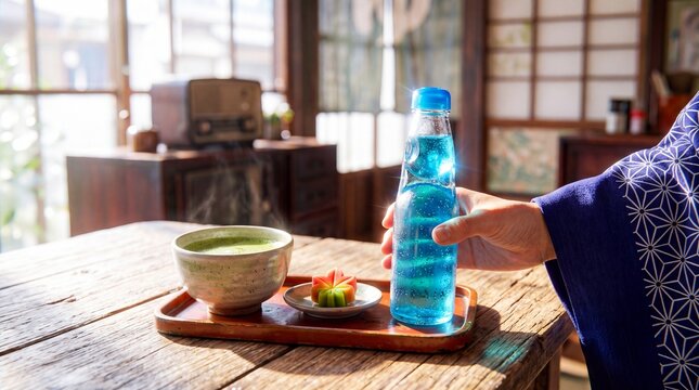 Womans hand in kimono holding blue sparkling drink bottle beside matcha tea bowl on wooden tray. Traditional japanese refreshment and zen culture concept in sunny interior room