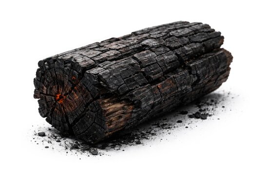 Highly detailed burnt wood log fragment isolated on a white surface