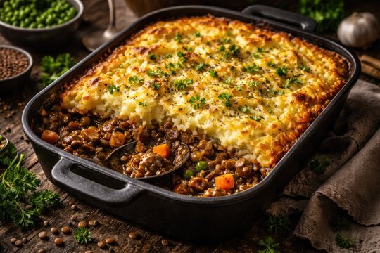 Nutritious lentil shepherds pie with vegan ingredients in a dark cooking dish