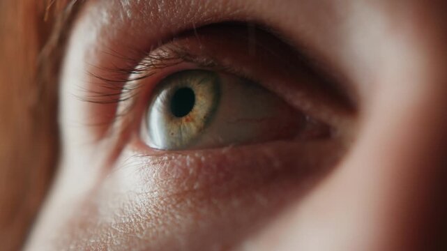 A close-up of the human eye in natural light. A detailed macro shot showing the eyelashes, iris, and skin texture. An emotive gaze conveying introspection, focus, or sensitivity. High quality 4k