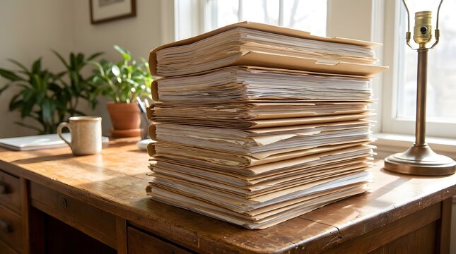 A large stack of paper documents in manila folders sits on a wooden desk with a lamp nearby