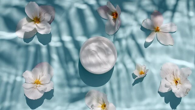 Jar of white cream and reflections sunlight in slow motion. Drop shadow effect with wave refraction of light. Sun and shadows. Layout for advertising goods, cosmetic products. Swimming pool ripples. 