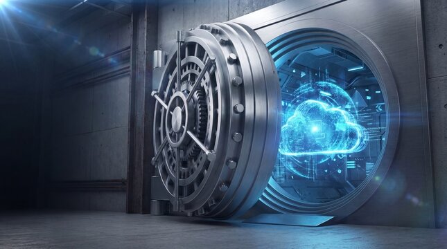 open heavy metal bank vault door revealing glowing blue holographic cloud symbol inside. cybersecurity, digital data protection and secure storage concept. banner, website header with copyspace.