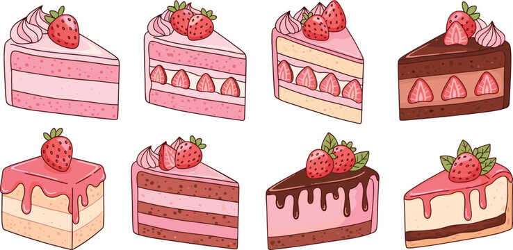 Strawberry Cake Slice Collection with Cream Layered Desserts Chocolate and Vanilla Pastry Pieces Sweet Bakery Food Illustration Isolated on White Background