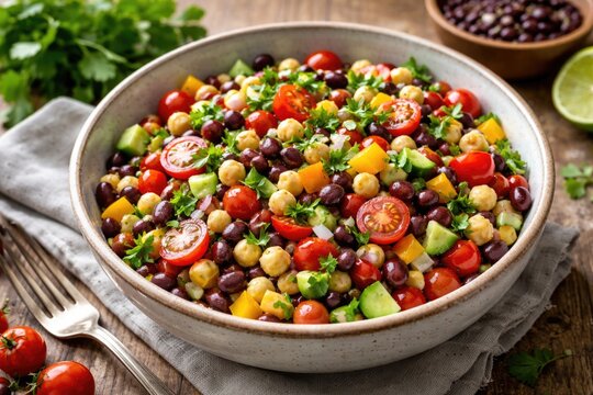 Healthy bean and vegetable salad in a ceramic bowl on natural wood background