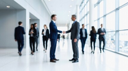 Fototapeta premium Businessmen shaking hands in a modern bright corporate building hall