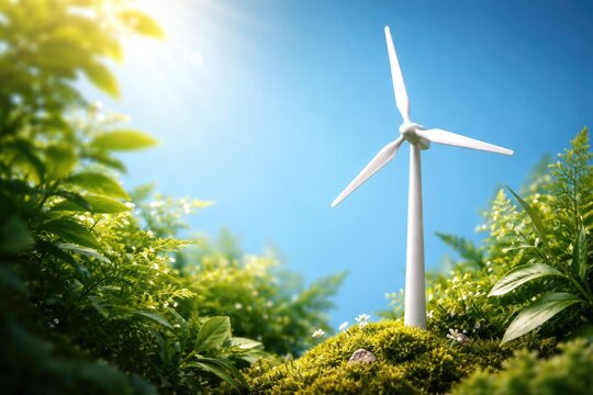 Green energy idea showing wind turbine model amidst foliage on a vibrant blue background with copy space