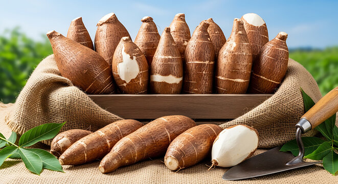 fresh yuca roots displayed in wooden crate on transparent background high quality