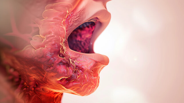 Hypopharyngeal cancer and lower throat tissue lesion illustration, revealing pathological lesions, malignant tumor growth and abnormal anatomical structure of hypopharyngeal tissues
